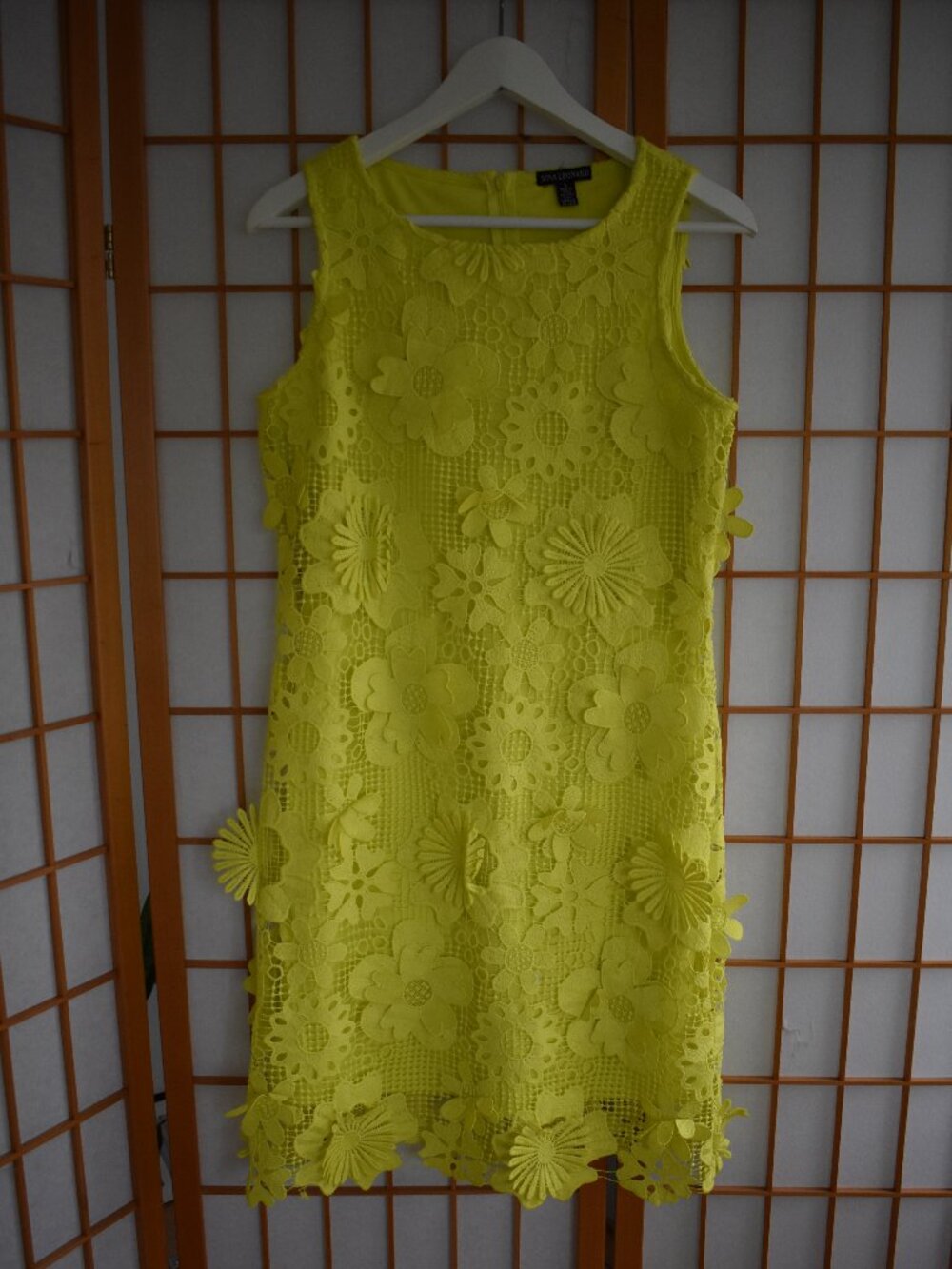 Nina Leonard Neon Yellow Lace Dress  Size S